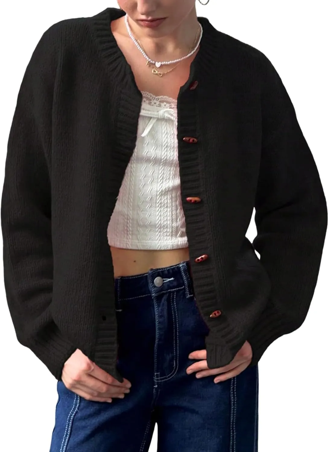 Yimoon Womens Cropped Cardigan Sweater Button Down Long Sleeve Chunky Knit Sweater Winter Loose Casual Outerwear